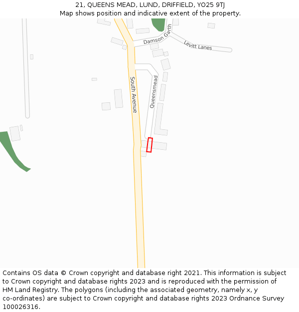 21, QUEENS MEAD, LUND, DRIFFIELD, YO25 9TJ: Location map and indicative extent of plot