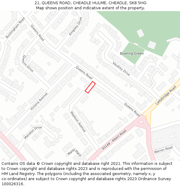 21, QUEENS ROAD, CHEADLE HULME, CHEADLE, SK8 5HG: Location map and indicative extent of plot