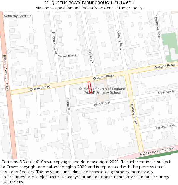 21, QUEENS ROAD, FARNBOROUGH, GU14 6DU: Location map and indicative extent of plot