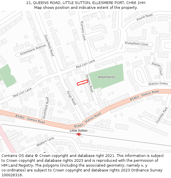 21, QUEENS ROAD, LITTLE SUTTON, ELLESMERE PORT, CH66 1HH: Location map and indicative extent of plot