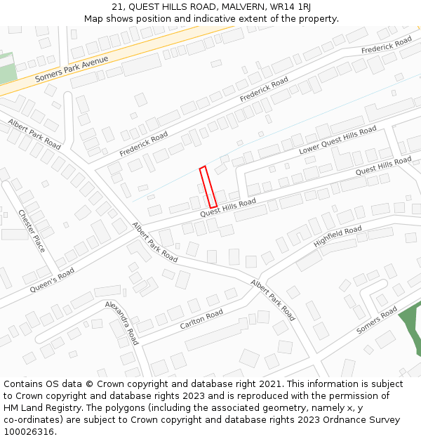 21, QUEST HILLS ROAD, MALVERN, WR14 1RJ: Location map and indicative extent of plot