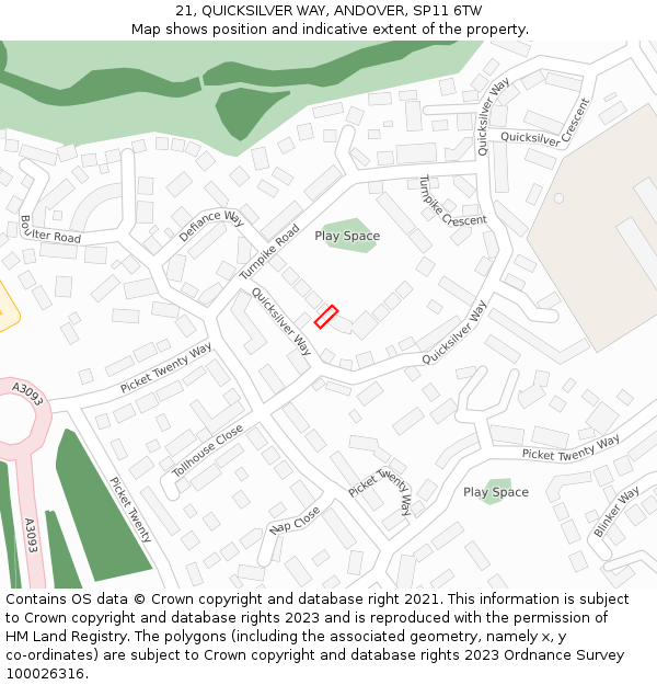 21, QUICKSILVER WAY, ANDOVER, SP11 6TW: Location map and indicative extent of plot