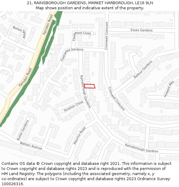 21, RAINSBOROUGH GARDENS, MARKET HARBOROUGH, LE16 9LN: Location map and indicative extent of plot