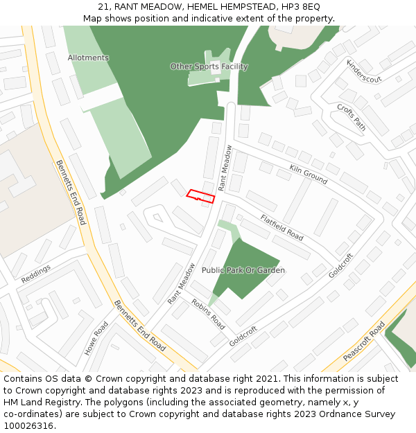 21, RANT MEADOW, HEMEL HEMPSTEAD, HP3 8EQ: Location map and indicative extent of plot