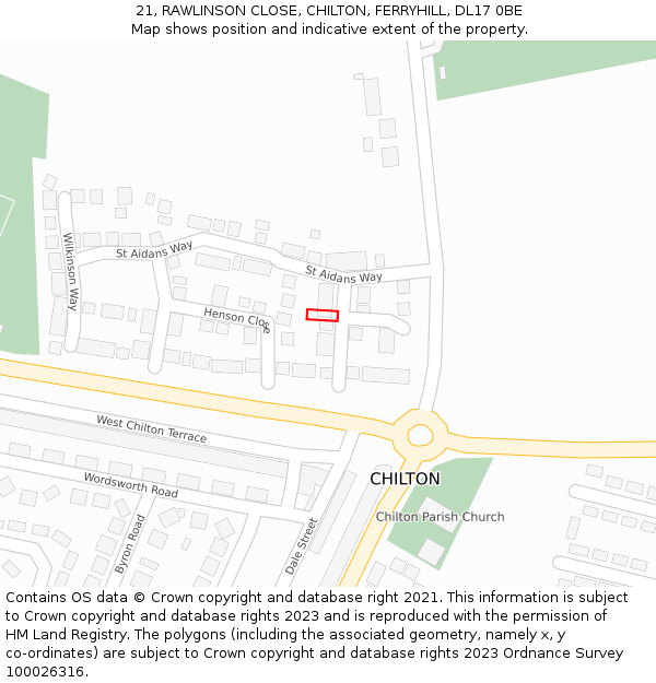 21, RAWLINSON CLOSE, CHILTON, FERRYHILL, DL17 0BE: Location map and indicative extent of plot