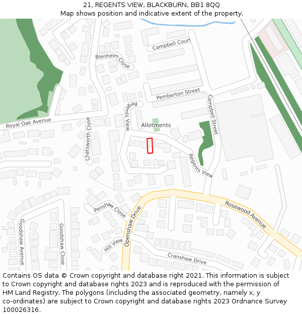 21, REGENTS VIEW, BLACKBURN, BB1 8QQ: Location map and indicative extent of plot