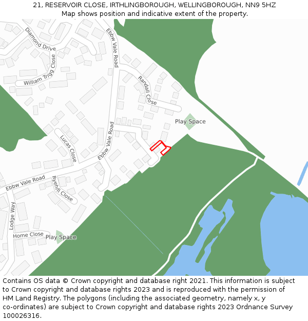 21, RESERVOIR CLOSE, IRTHLINGBOROUGH, WELLINGBOROUGH, NN9 5HZ: Location map and indicative extent of plot