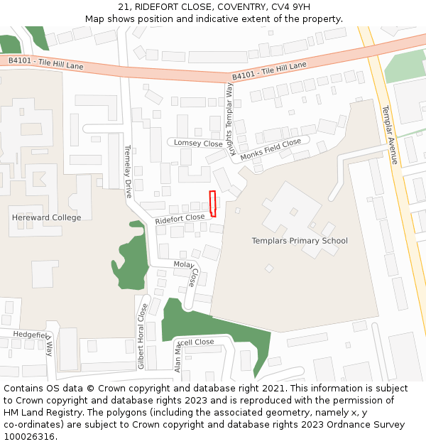 21, RIDEFORT CLOSE, COVENTRY, CV4 9YH: Location map and indicative extent of plot