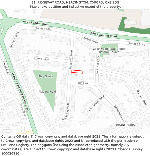 21, RIDGEWAY ROAD, HEADINGTON, OXFORD, OX3 8DS: Location map and indicative extent of plot