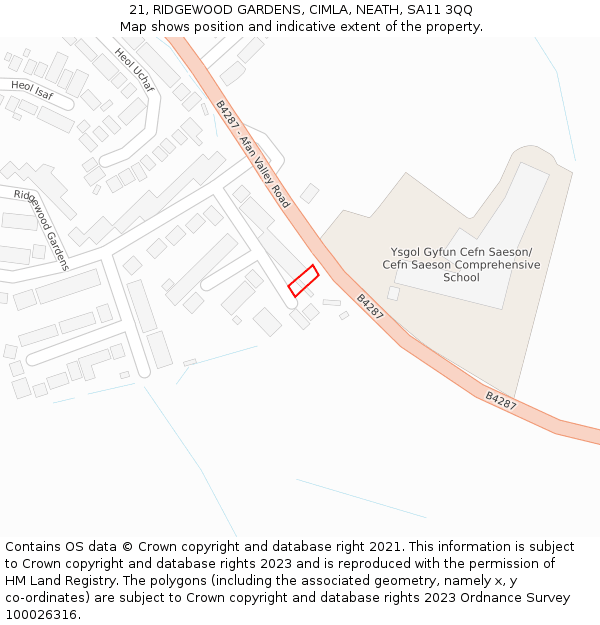 21, RIDGEWOOD GARDENS, CIMLA, NEATH, SA11 3QQ: Location map and indicative extent of plot