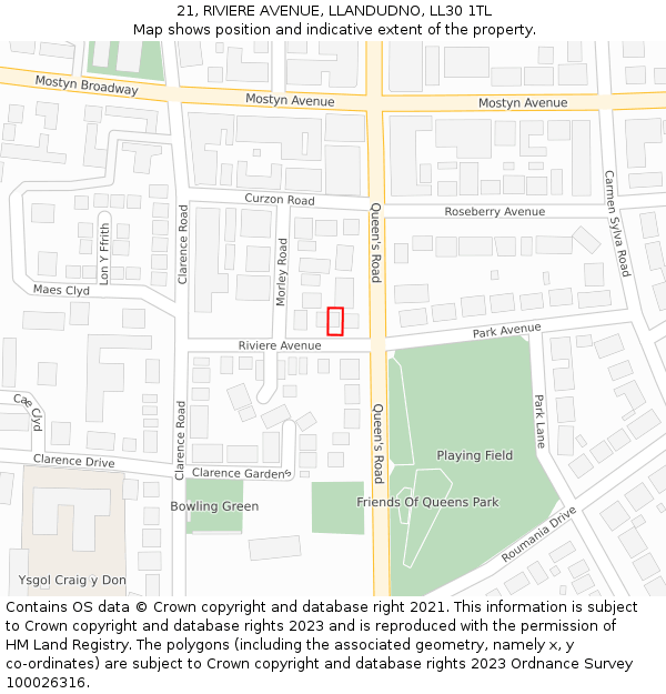 21, RIVIERE AVENUE, LLANDUDNO, LL30 1TL: Location map and indicative extent of plot