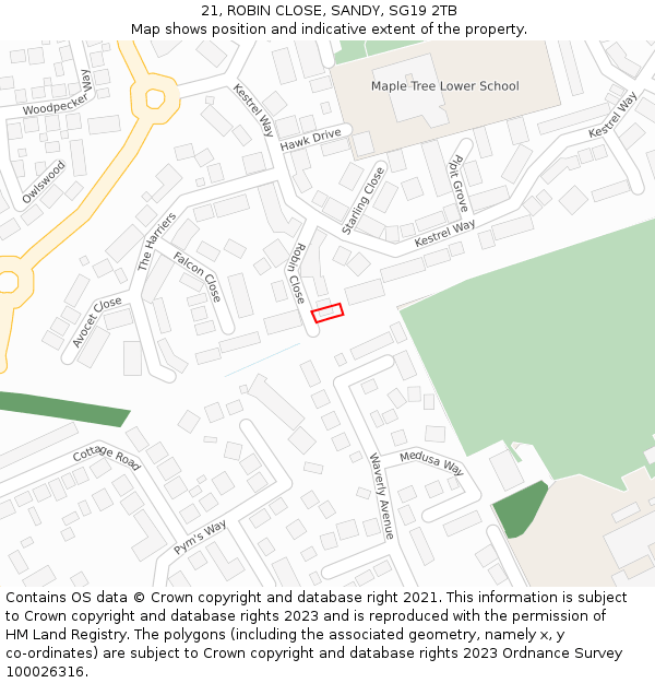 21, ROBIN CLOSE, SANDY, SG19 2TB: Location map and indicative extent of plot