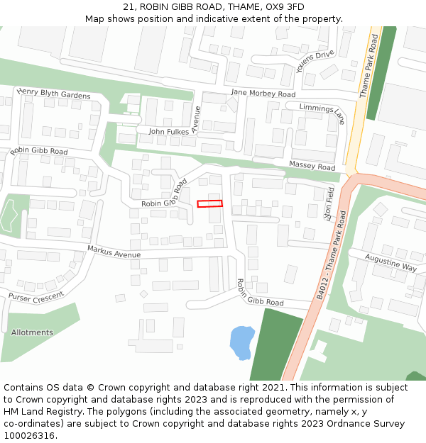 21, ROBIN GIBB ROAD, THAME, OX9 3FD: Location map and indicative extent of plot