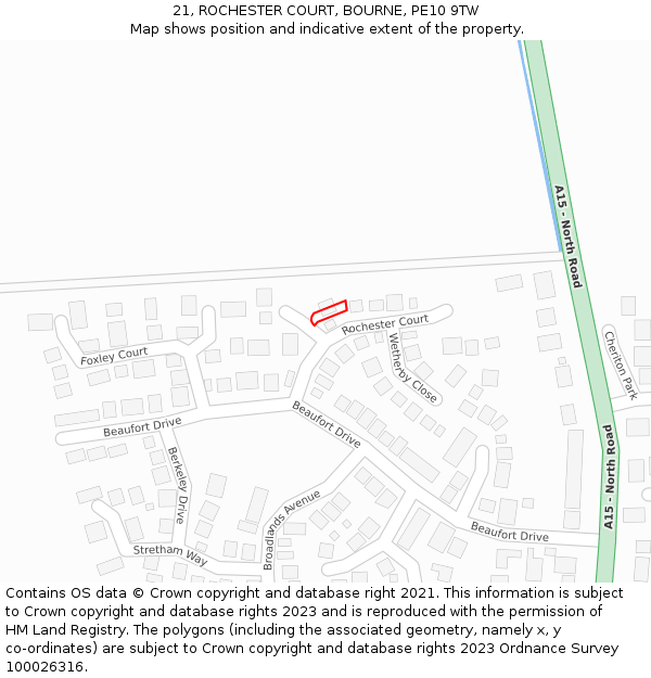 21, ROCHESTER COURT, BOURNE, PE10 9TW: Location map and indicative extent of plot