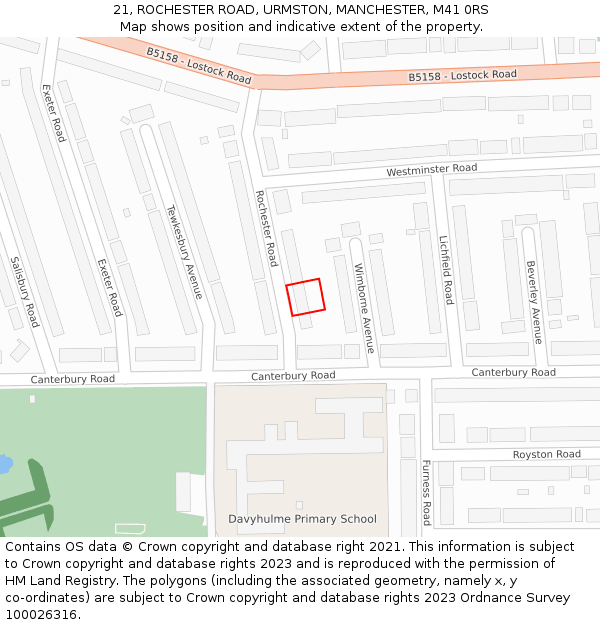 21, ROCHESTER ROAD, URMSTON, MANCHESTER, M41 0RS: Location map and indicative extent of plot