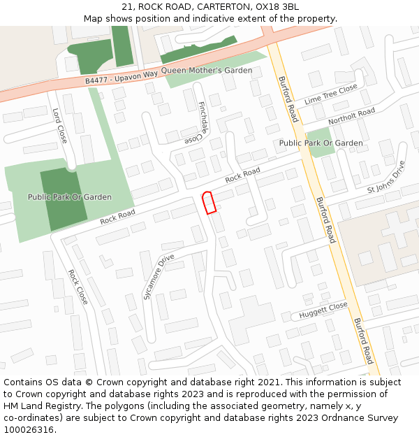 21, ROCK ROAD, CARTERTON, OX18 3BL: Location map and indicative extent of plot