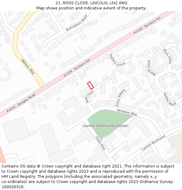 21, ROSS CLOSE, LINCOLN, LN2 4WQ: Location map and indicative extent of plot