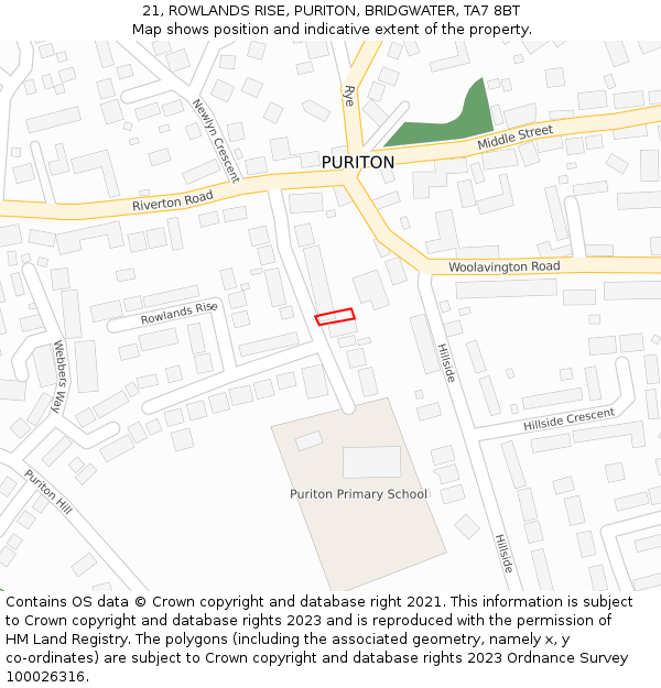 21, ROWLANDS RISE, PURITON, BRIDGWATER, TA7 8BT: Location map and indicative extent of plot