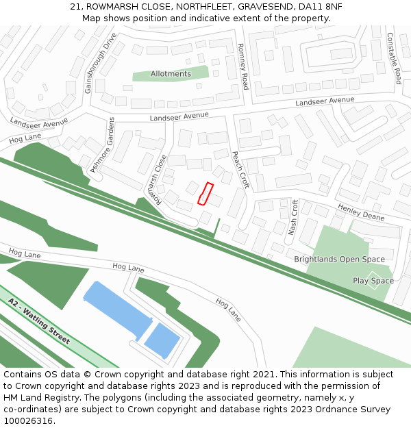 21, ROWMARSH CLOSE, NORTHFLEET, GRAVESEND, DA11 8NF: Location map and indicative extent of plot