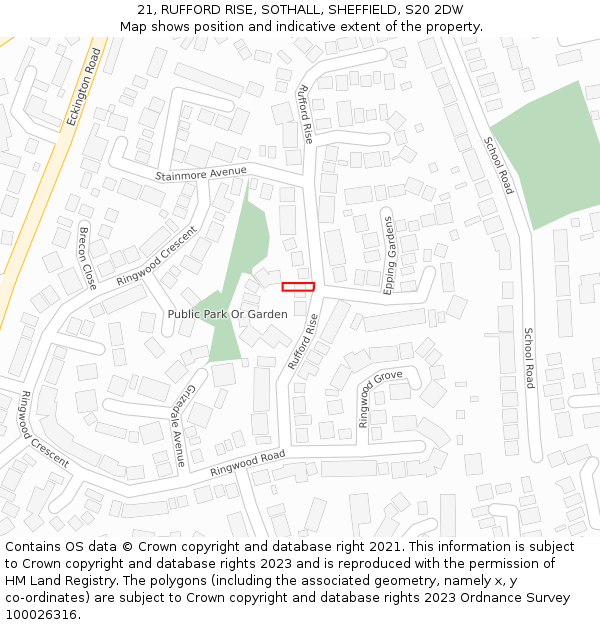 21, RUFFORD RISE, SOTHALL, SHEFFIELD, S20 2DW: Location map and indicative extent of plot