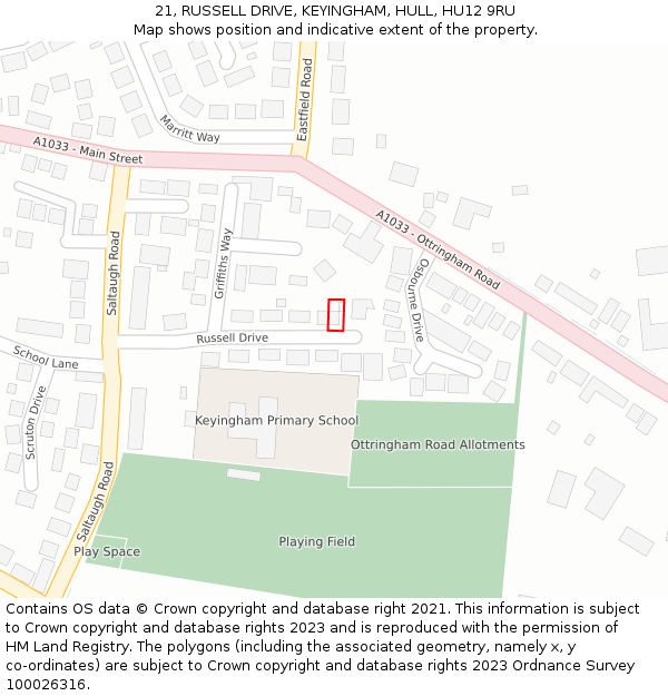 21, RUSSELL DRIVE, KEYINGHAM, HULL, HU12 9RU: Location map and indicative extent of plot