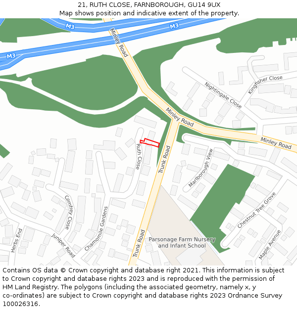 21, RUTH CLOSE, FARNBOROUGH, GU14 9UX: Location map and indicative extent of plot