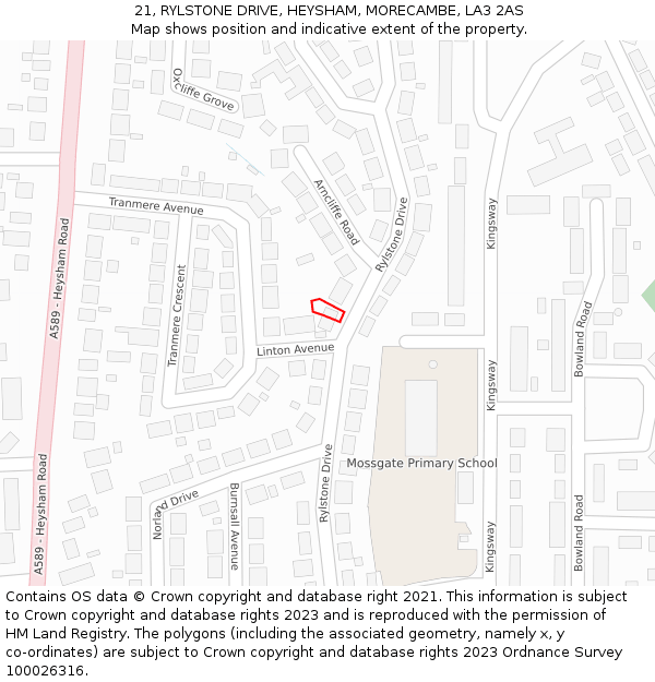 21, RYLSTONE DRIVE, HEYSHAM, MORECAMBE, LA3 2AS: Location map and indicative extent of plot