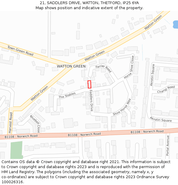 21, SADDLERS DRIVE, WATTON, THETFORD, IP25 6YA: Location map and indicative extent of plot