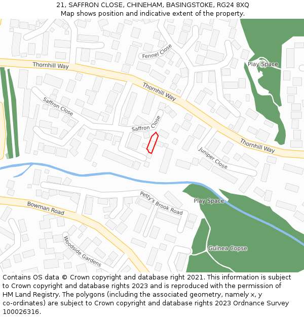 21, SAFFRON CLOSE, CHINEHAM, BASINGSTOKE, RG24 8XQ: Location map and indicative extent of plot