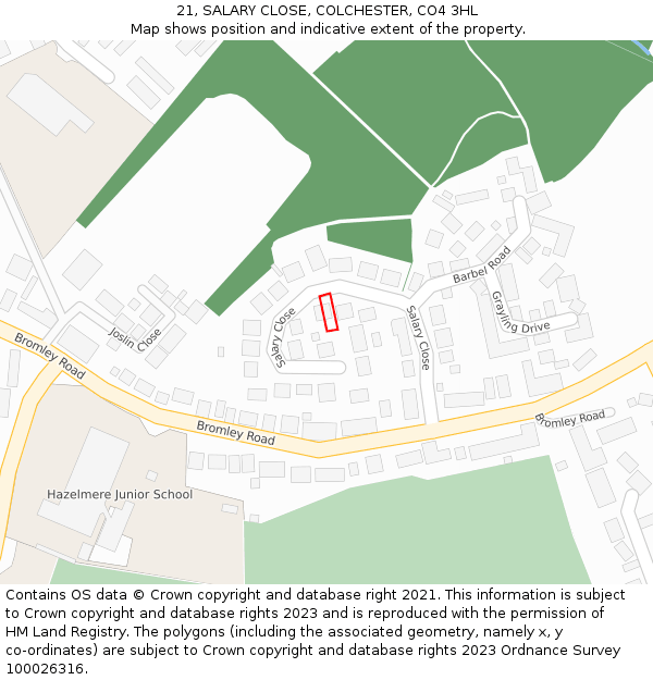 21, SALARY CLOSE, COLCHESTER, CO4 3HL: Location map and indicative extent of plot