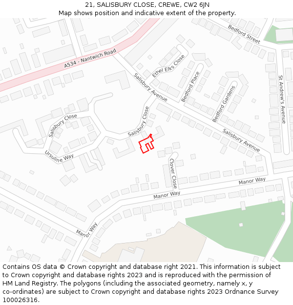 21, SALISBURY CLOSE, CREWE, CW2 6JN: Location map and indicative extent of plot