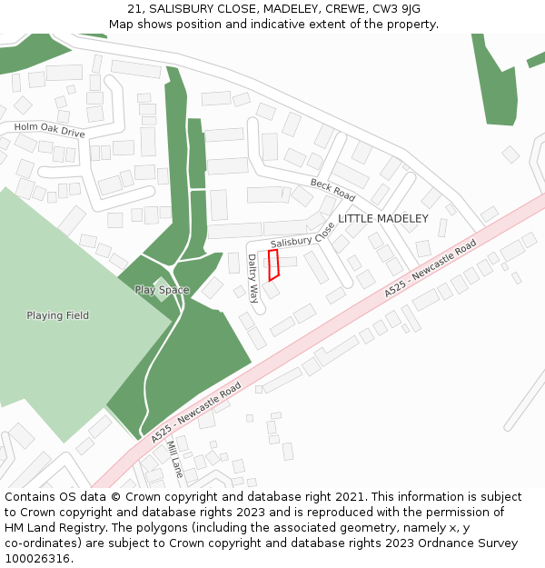 21, SALISBURY CLOSE, MADELEY, CREWE, CW3 9JG: Location map and indicative extent of plot
