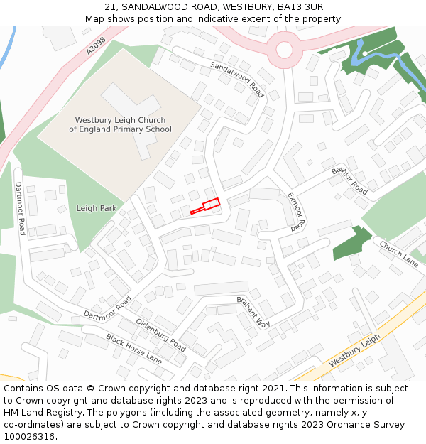 21, SANDALWOOD ROAD, WESTBURY, BA13 3UR: Location map and indicative extent of plot