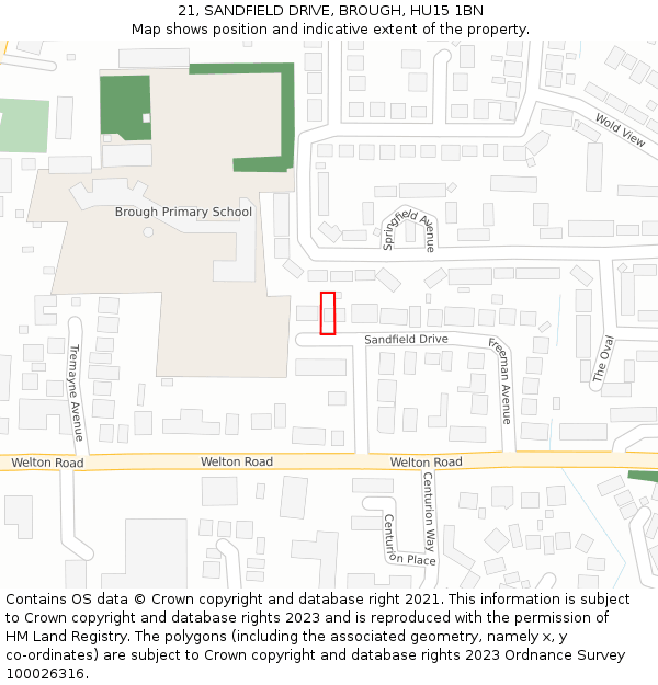 21, SANDFIELD DRIVE, BROUGH, HU15 1BN: Location map and indicative extent of plot