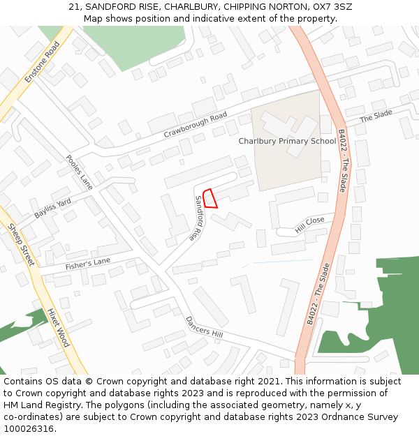 21, SANDFORD RISE, CHARLBURY, CHIPPING NORTON, OX7 3SZ: Location map and indicative extent of plot