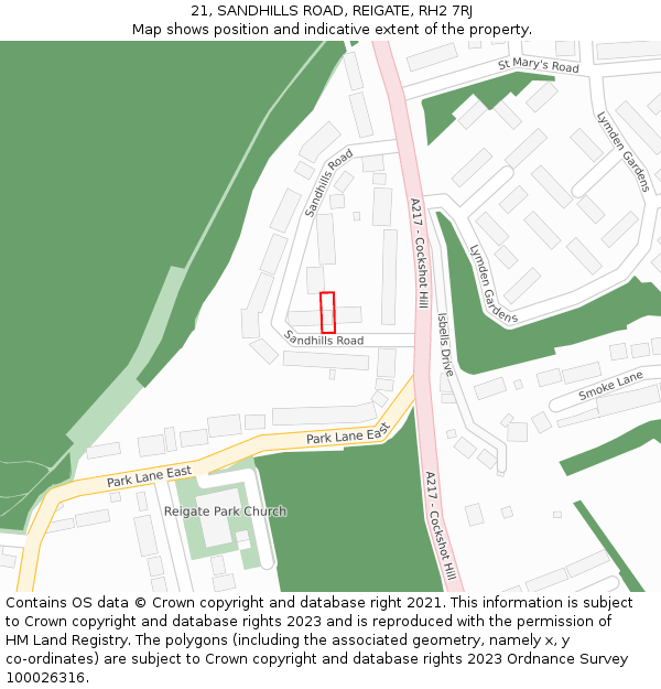 21, SANDHILLS ROAD, REIGATE, RH2 7RJ: Location map and indicative extent of plot