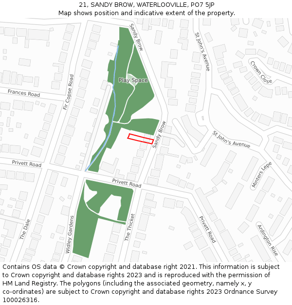 21, SANDY BROW, WATERLOOVILLE, PO7 5JP: Location map and indicative extent of plot