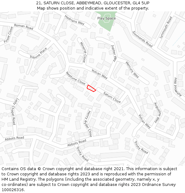 21, SATURN CLOSE, ABBEYMEAD, GLOUCESTER, GL4 5UP: Location map and indicative extent of plot