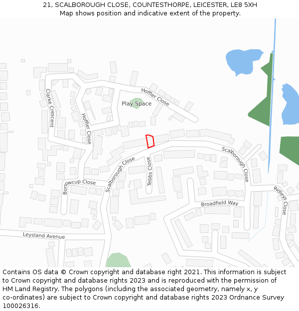 21, SCALBOROUGH CLOSE, COUNTESTHORPE, LEICESTER, LE8 5XH: Location map and indicative extent of plot