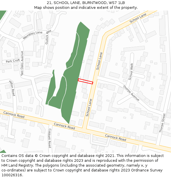 21, SCHOOL LANE, BURNTWOOD, WS7 1LB: Location map and indicative extent of plot