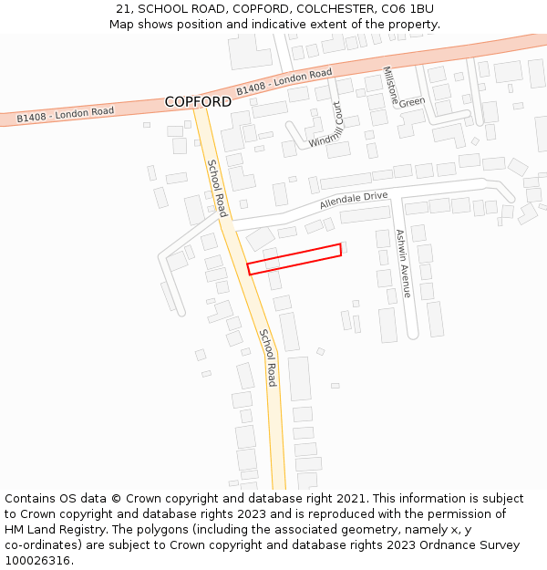 21, SCHOOL ROAD, COPFORD, COLCHESTER, CO6 1BU: Location map and indicative extent of plot