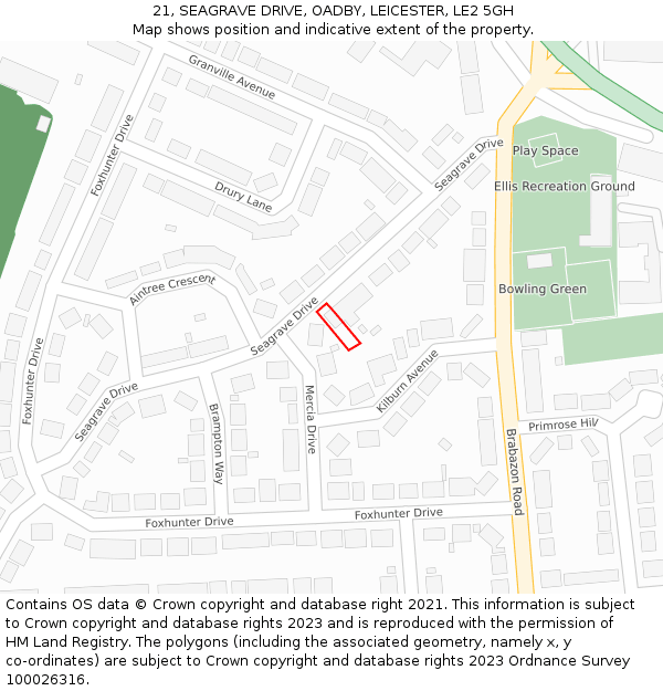 21, SEAGRAVE DRIVE, OADBY, LEICESTER, LE2 5GH: Location map and indicative extent of plot