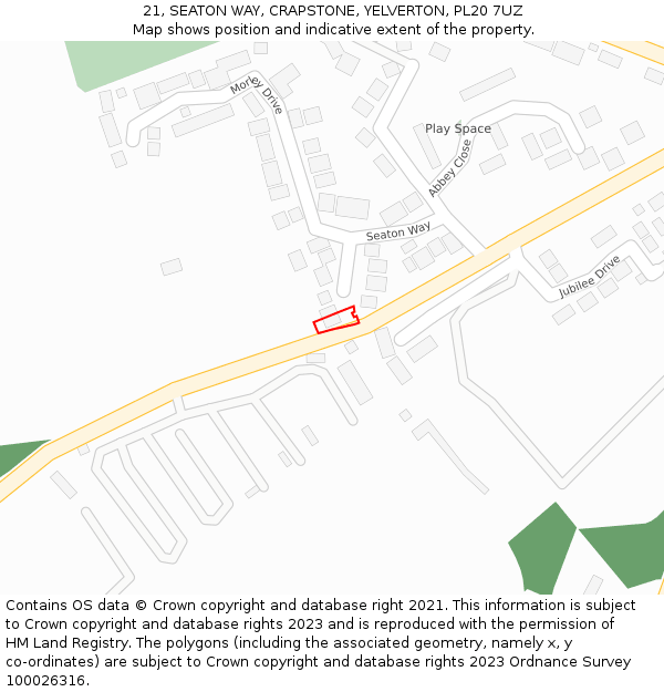 21, SEATON WAY, CRAPSTONE, YELVERTON, PL20 7UZ: Location map and indicative extent of plot