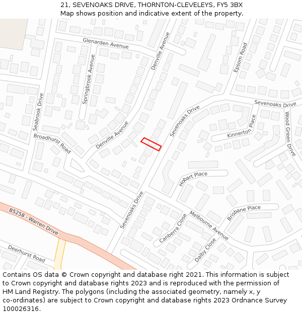 21, SEVENOAKS DRIVE, THORNTON-CLEVELEYS, FY5 3BX: Location map and indicative extent of plot