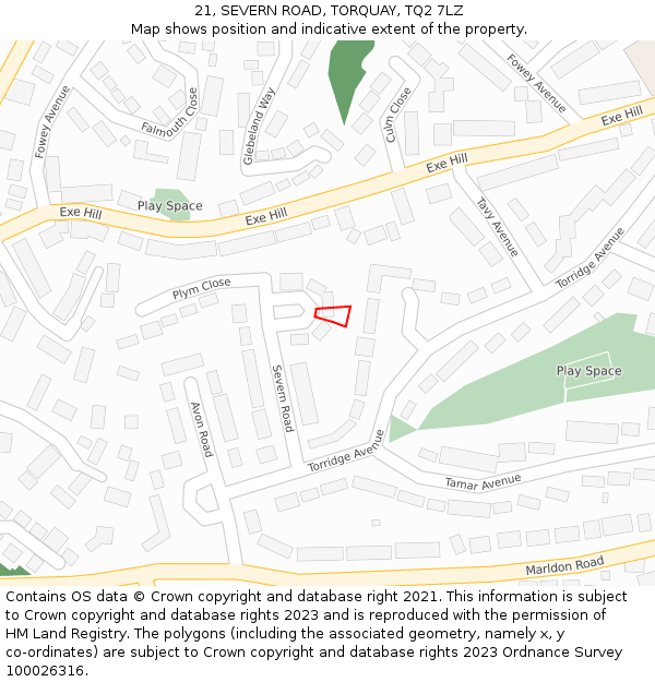 21, SEVERN ROAD, TORQUAY, TQ2 7LZ: Location map and indicative extent of plot