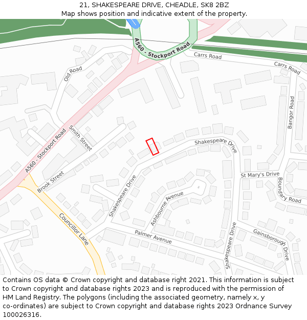 21, SHAKESPEARE DRIVE, CHEADLE, SK8 2BZ: Location map and indicative extent of plot