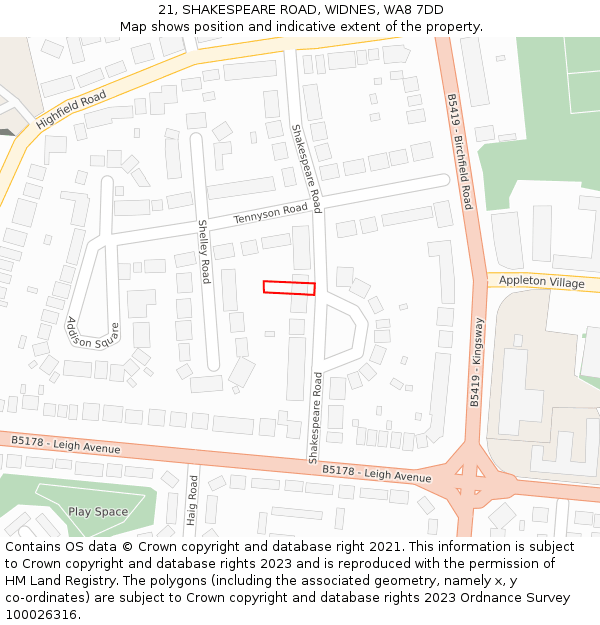 21, SHAKESPEARE ROAD, WIDNES, WA8 7DD: Location map and indicative extent of plot