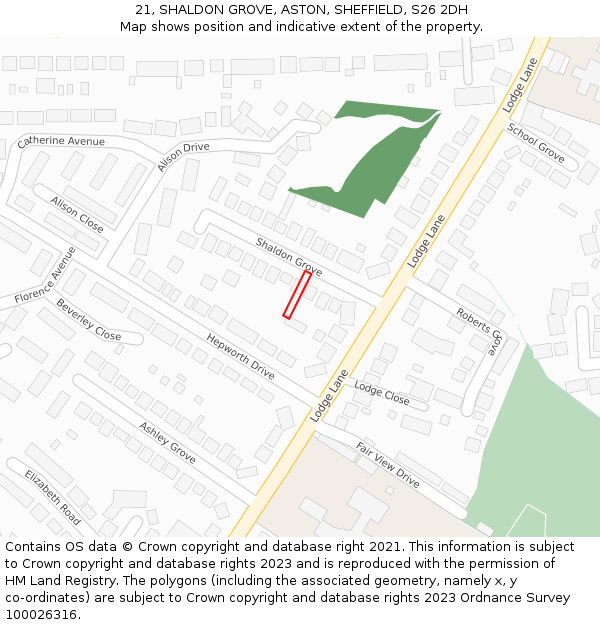 21, SHALDON GROVE, ASTON, SHEFFIELD, S26 2DH: Location map and indicative extent of plot