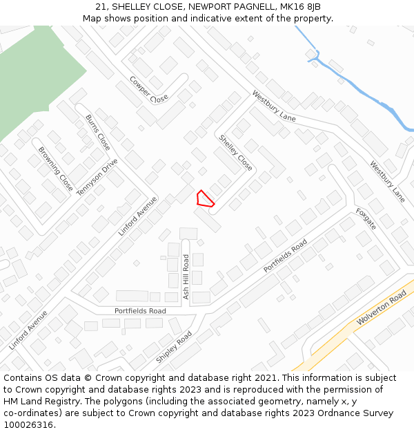 21, SHELLEY CLOSE, NEWPORT PAGNELL, MK16 8JB: Location map and indicative extent of plot