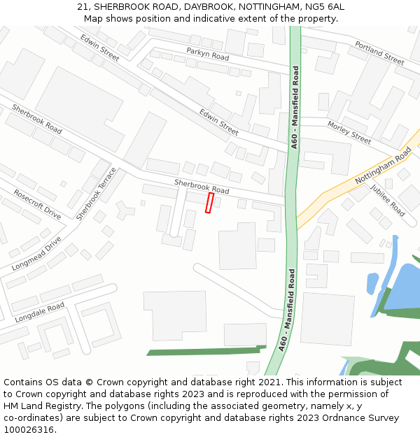 21, SHERBROOK ROAD, DAYBROOK, NOTTINGHAM, NG5 6AL: Location map and indicative extent of plot